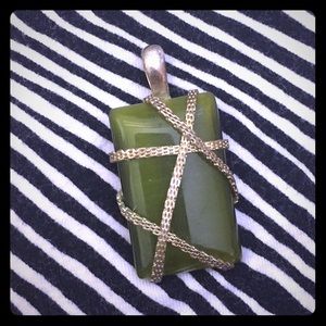 Vintage silver cord-wrapped green glass pendant